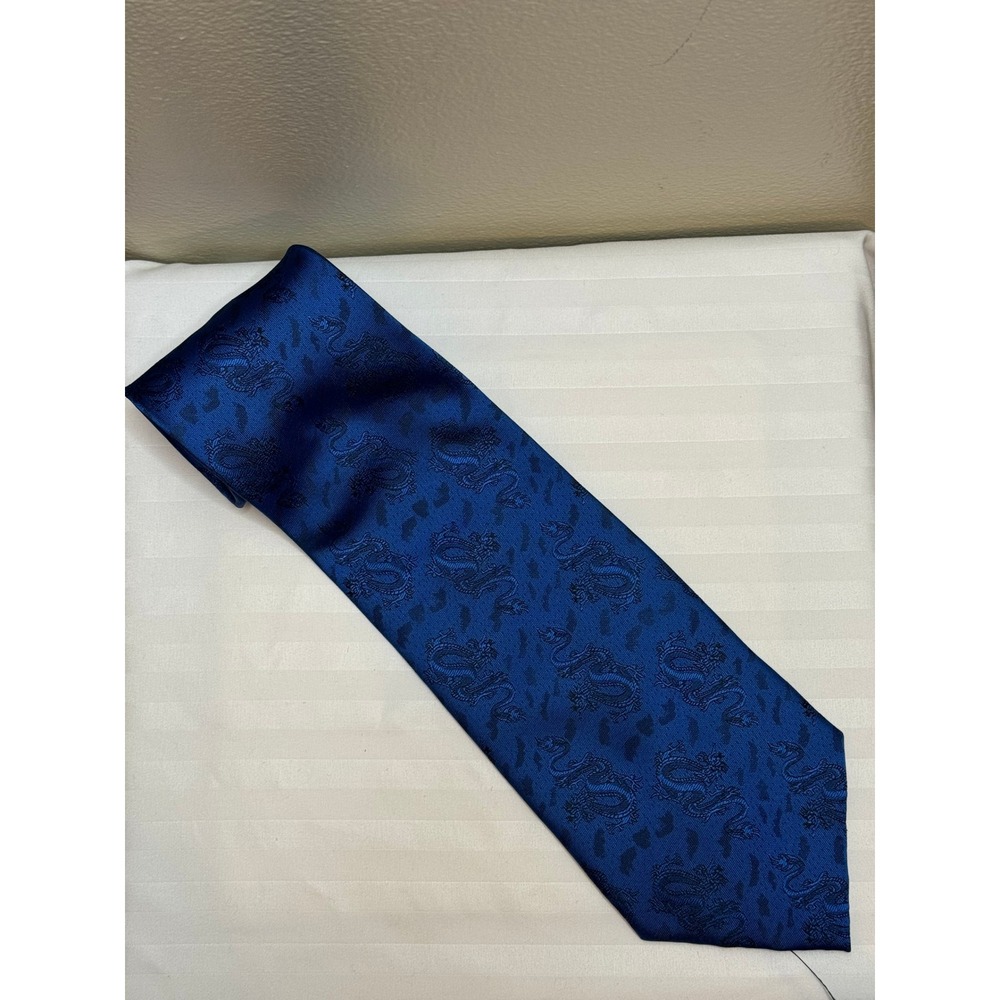 Kai Long Royal Blue Silk Dragon Jacquard Hand Made Necktie Wide Blade Mens Tie